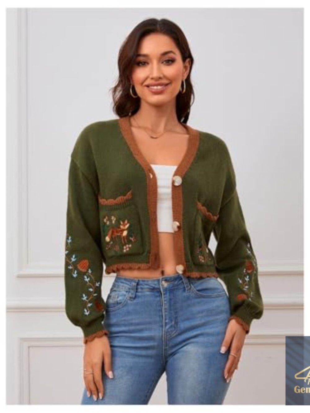 Floral Embroidered Cropped Cardigan Loose Fit V-Neck Button Up - Picture 5 of 7